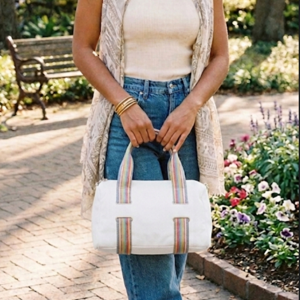Latico White Leather Satchel with Rainbow Striped Canvas Straps